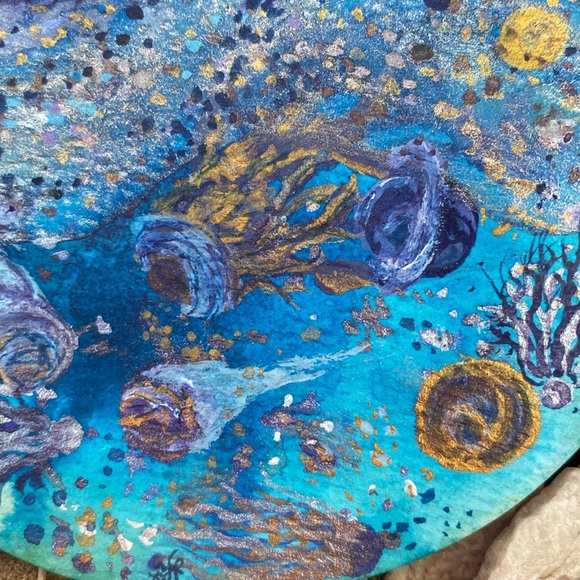 Unframed Original Art Watercolour & Brusho on Circular Paper Cosmic Ocean Vibes - Picture 4 of 5